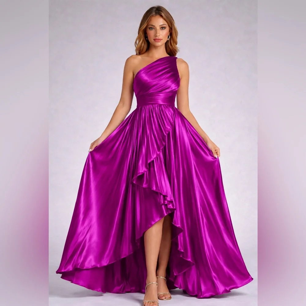 One-Shoulder Fuchsia Ruffled High-Low Evening Gown - Picture 2 of 5